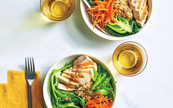 Chicken pak choi bowls with miso dressing