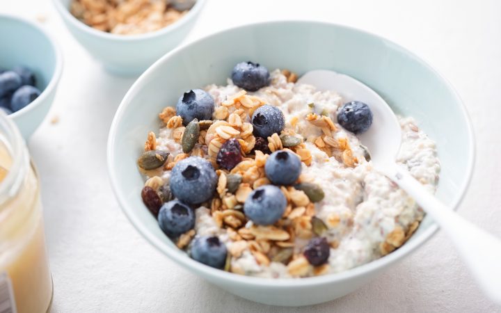 Overnight oats with blueberries in bowl