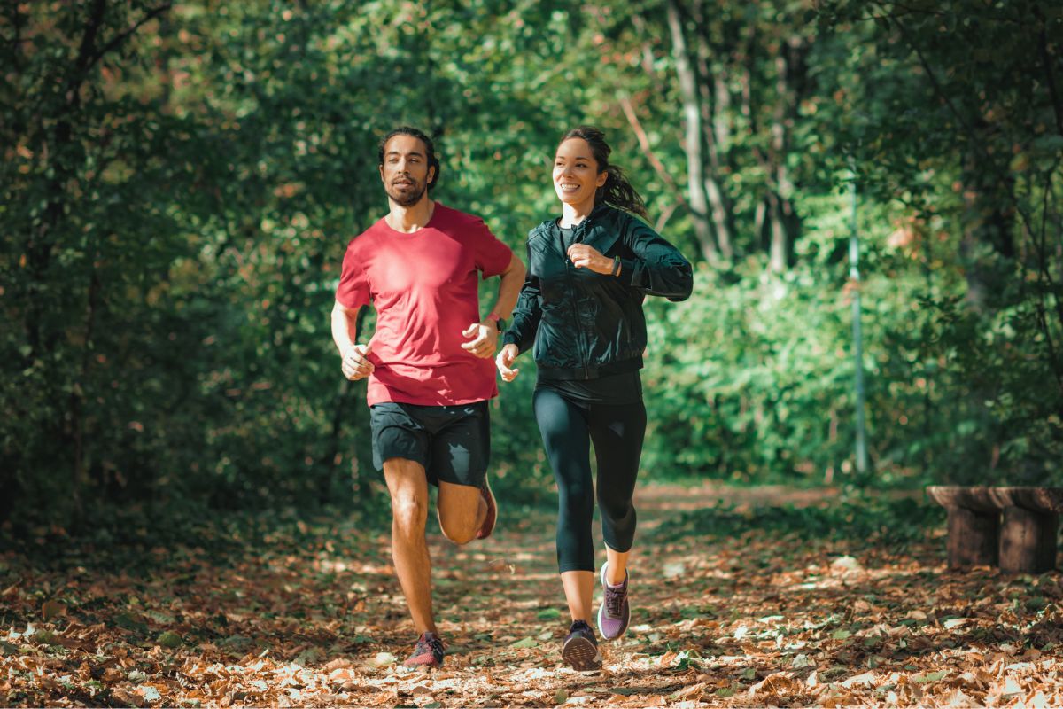 People running outdoors, sunshine woods happy