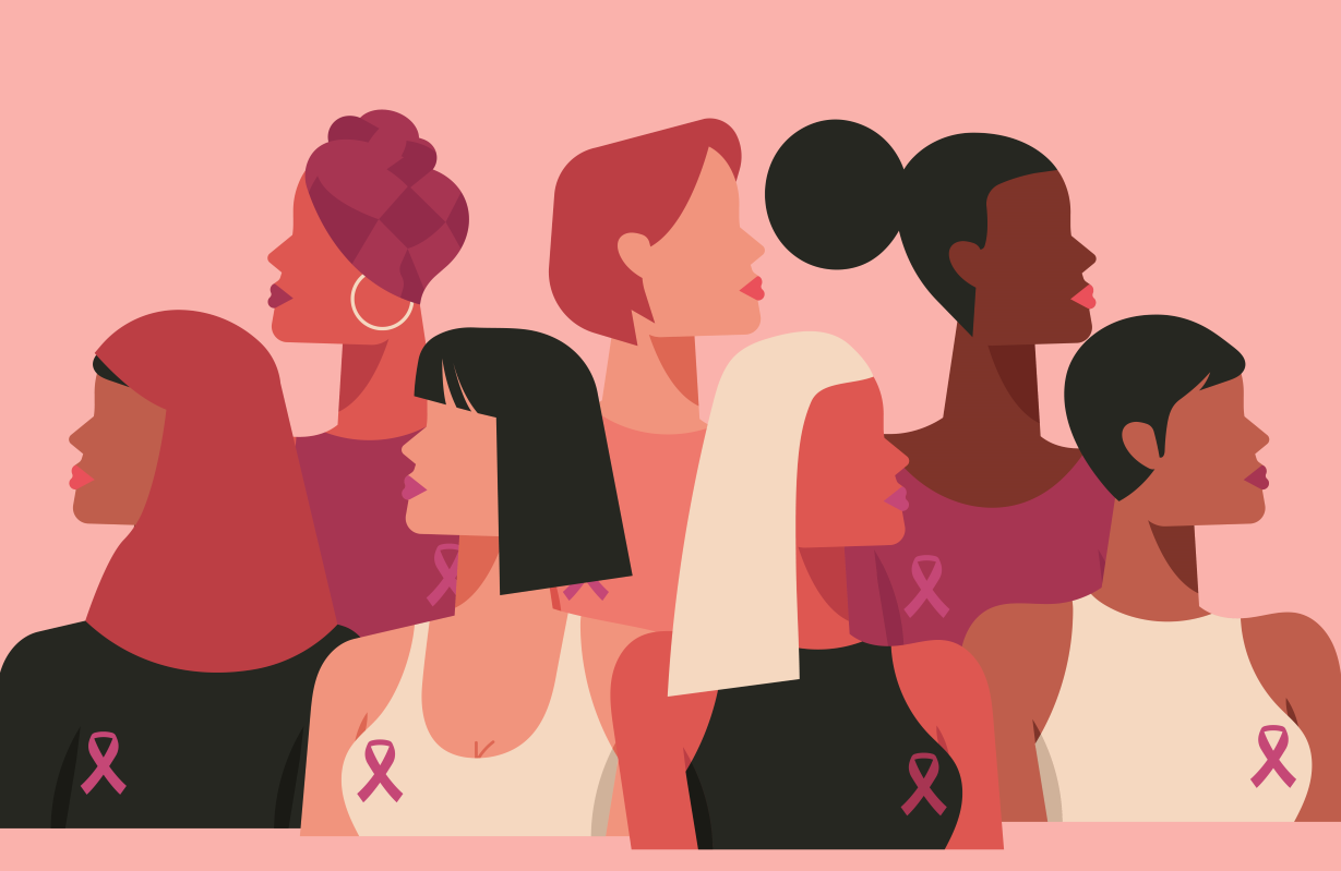 Breast cancer awareness month and diverse ethnic women with pink support ribbon